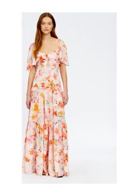 $695 Tanya Taylor Women's Pink Willa V Neck Floral Print Silk Dress Size 8